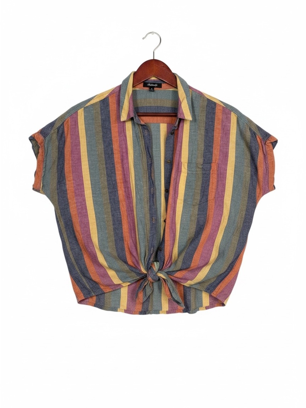 Madewell short sleeve rainbow striped button down shirt